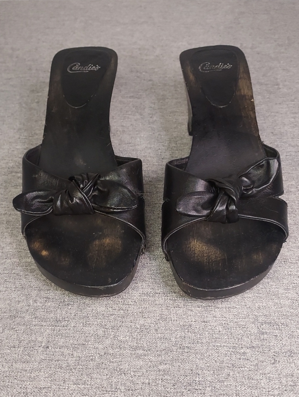 Y2K Candie's CYTE Black Studded Leather Knot Wood Platform Slide Mules Size 8